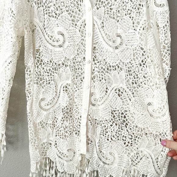 Simply Couture White Eyelet Lace Fringe Button Down Long SleeveTop Women's XL - Picture 6 of 12